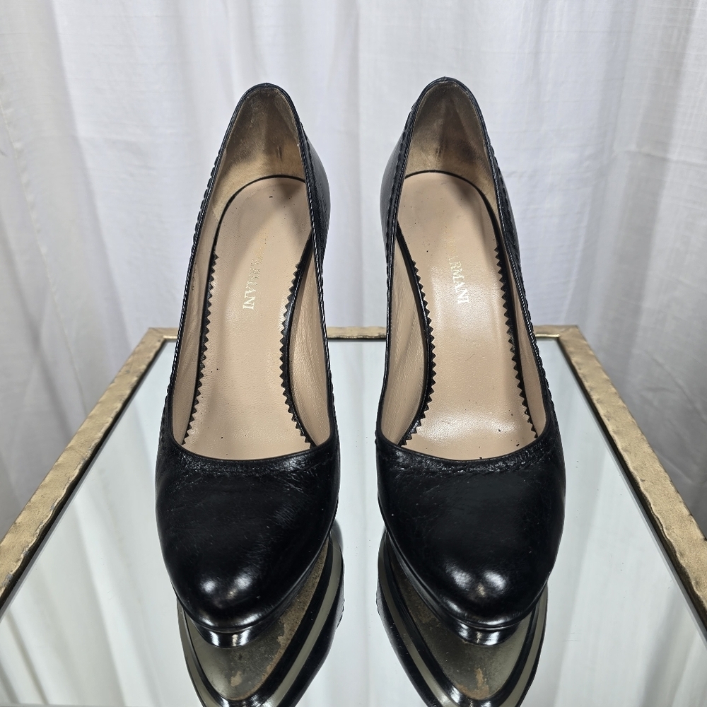 Emporio Armani Black Leather Pumps Block Heels - Picture 11 of 15